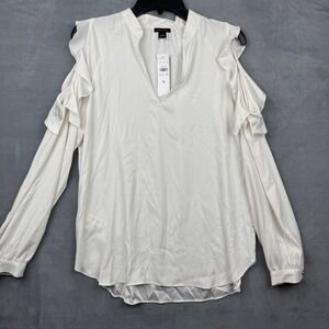 Ann Taylor Ivory Cold Shoulder Ruffle V‎ Neck Blouse Shirt Women's Size S